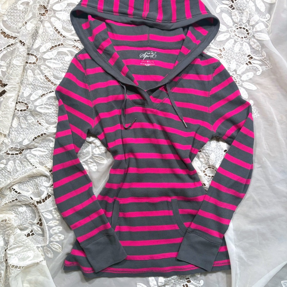Y2K Grunge Pink Gray Striped Waffle Knit Hoodie Top Womens Medium 1048